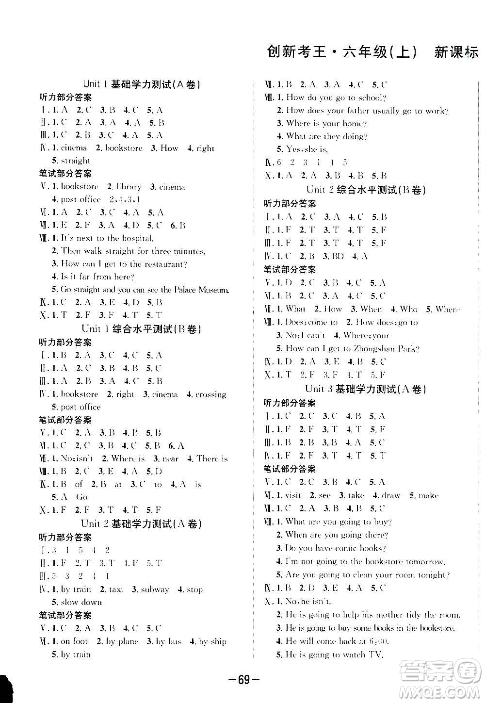 西安出版社2020創(chuàng)新考王英語六年級上冊新課標PEP人教版答案