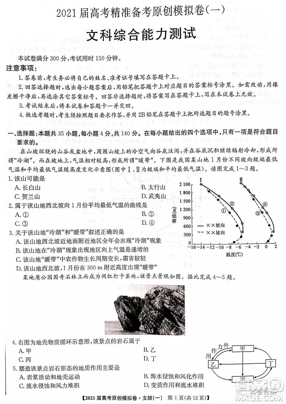 2021屆高考精準(zhǔn)備備考原創(chuàng)模擬卷一文科綜合試題及答案