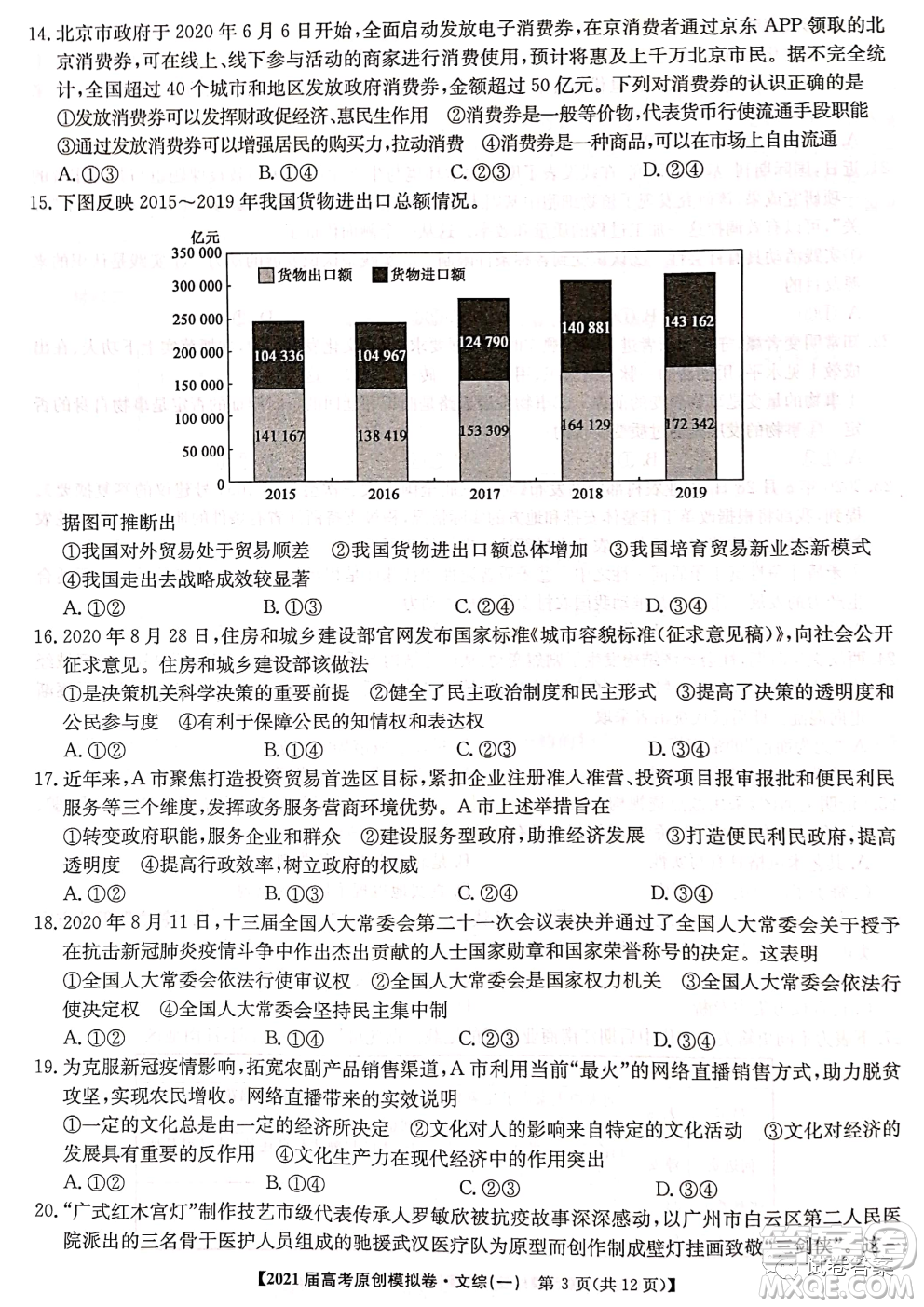 2021屆高考精準(zhǔn)備備考原創(chuàng)模擬卷一文科綜合試題及答案