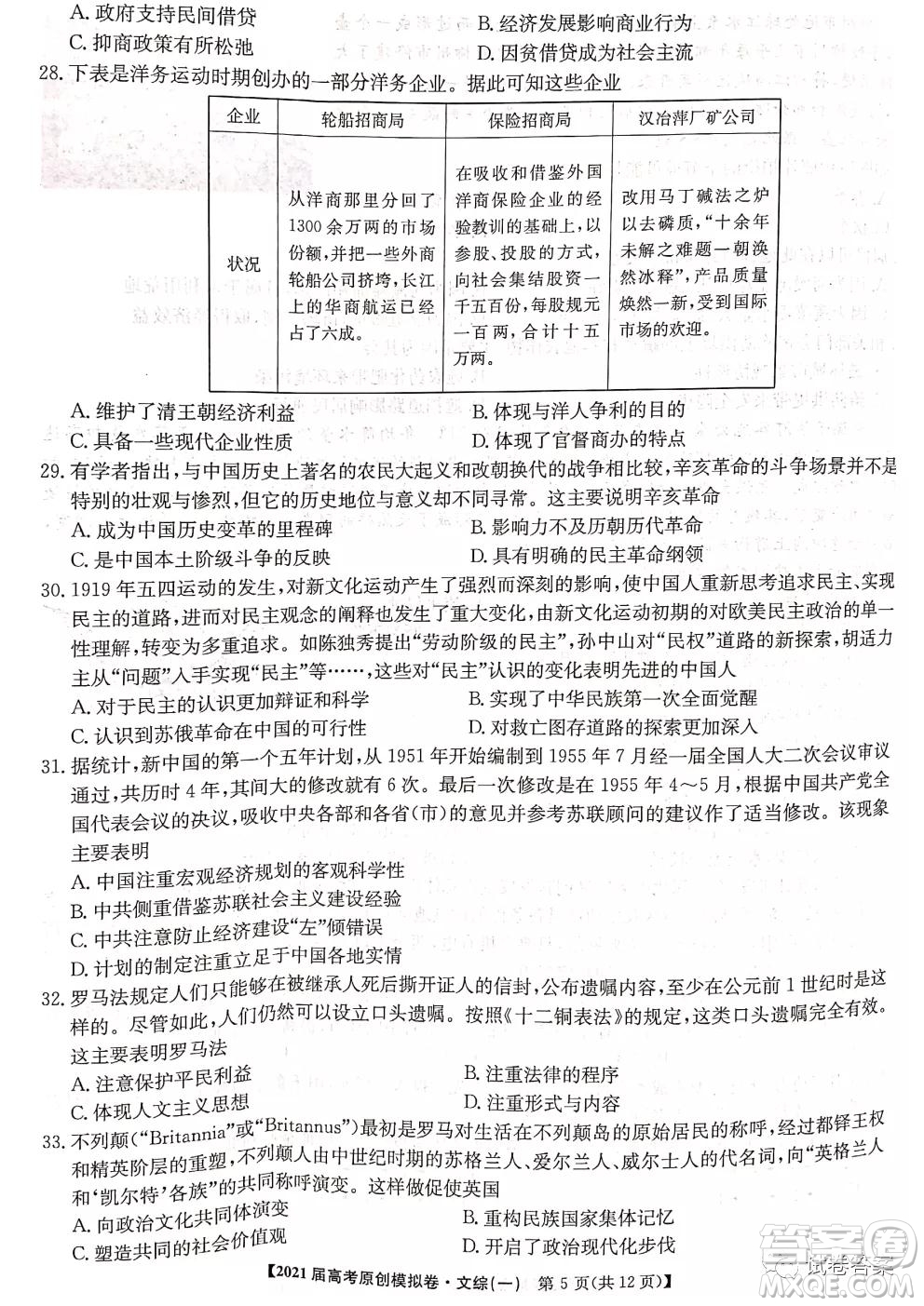 2021屆高考精準(zhǔn)備備考原創(chuàng)模擬卷一文科綜合試題及答案
