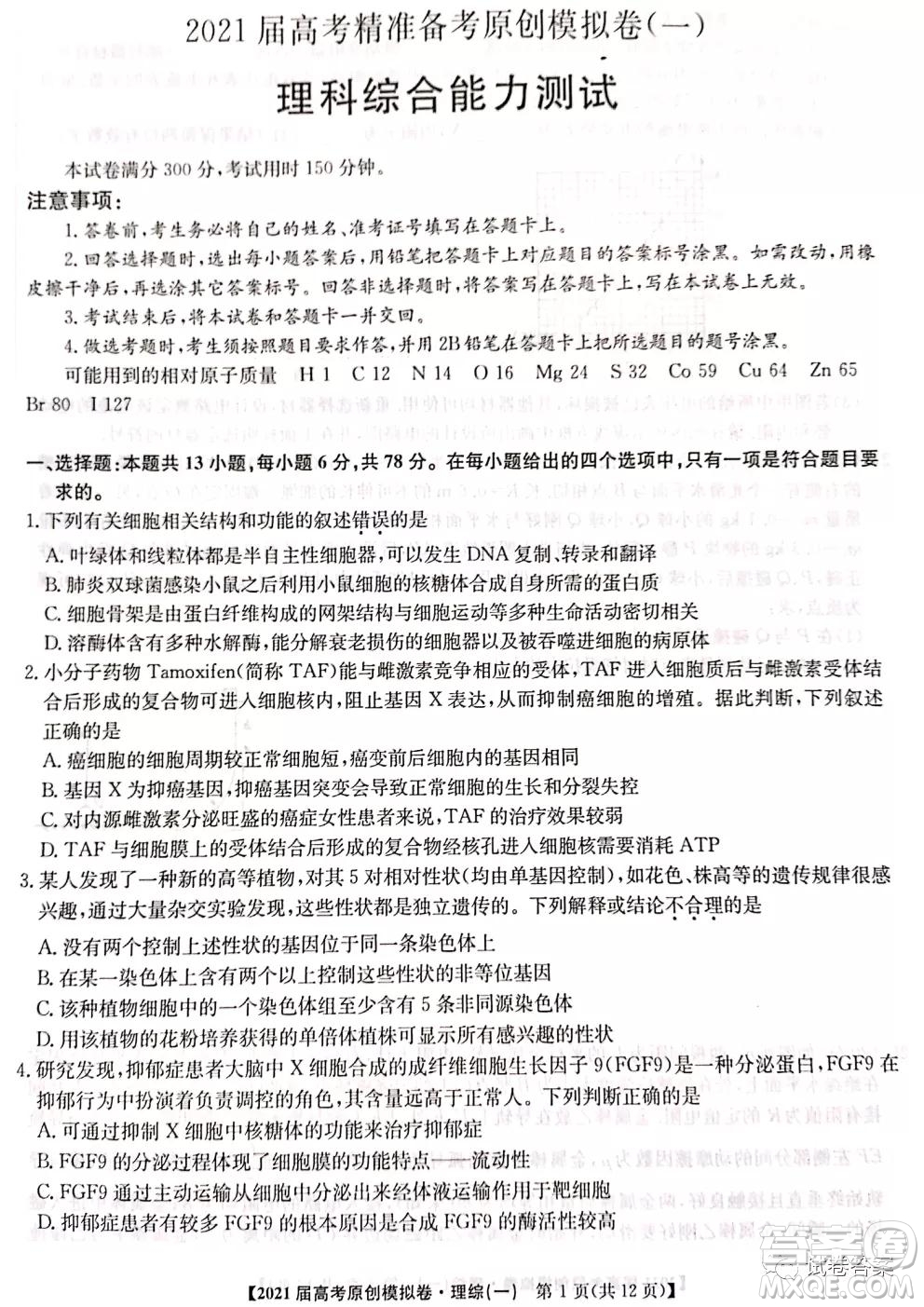 2021屆高考精準備備考原創(chuàng)模擬卷一理科綜合試題及答案