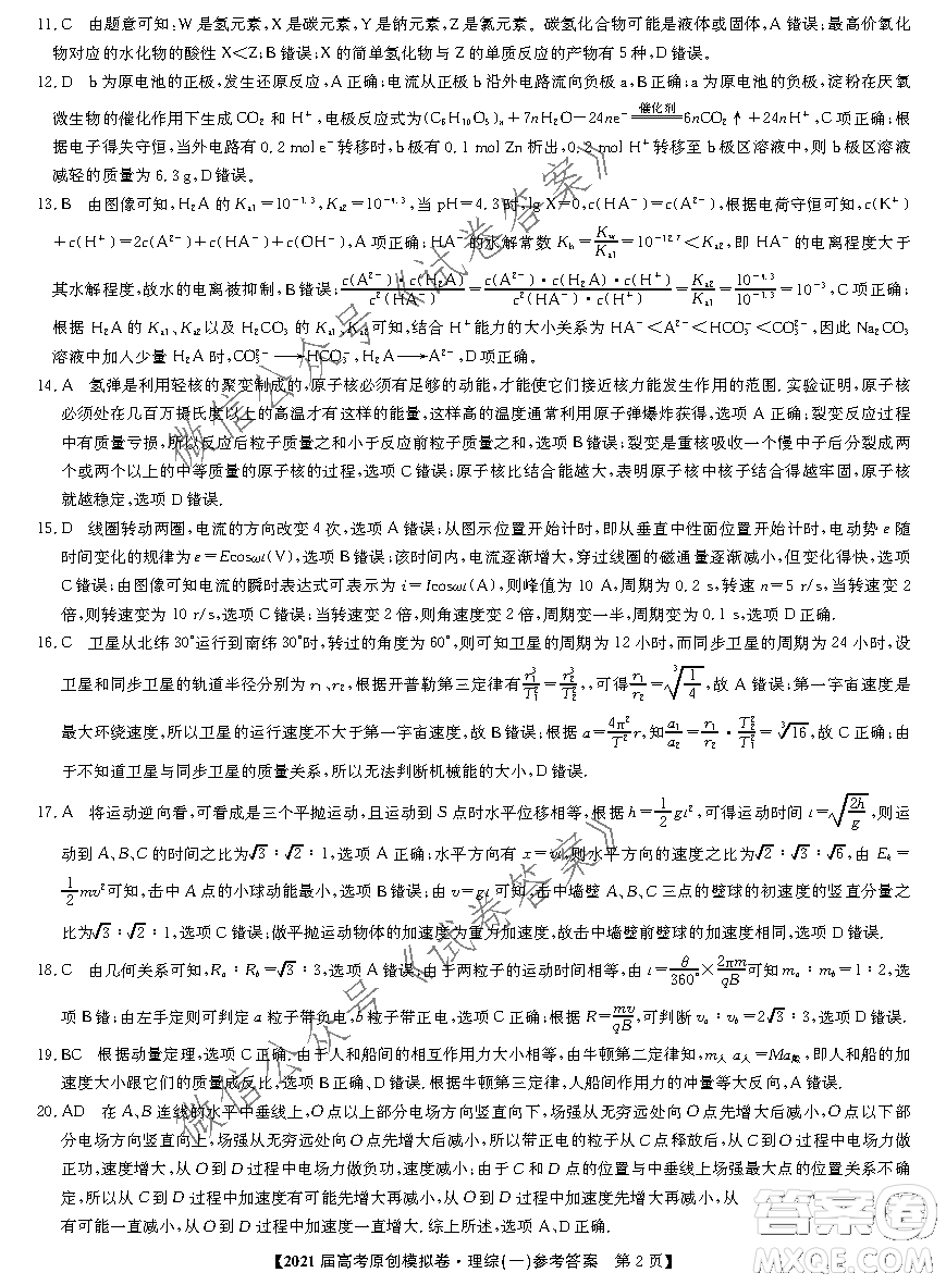 2021屆高考精準備備考原創(chuàng)模擬卷一理科綜合試題及答案