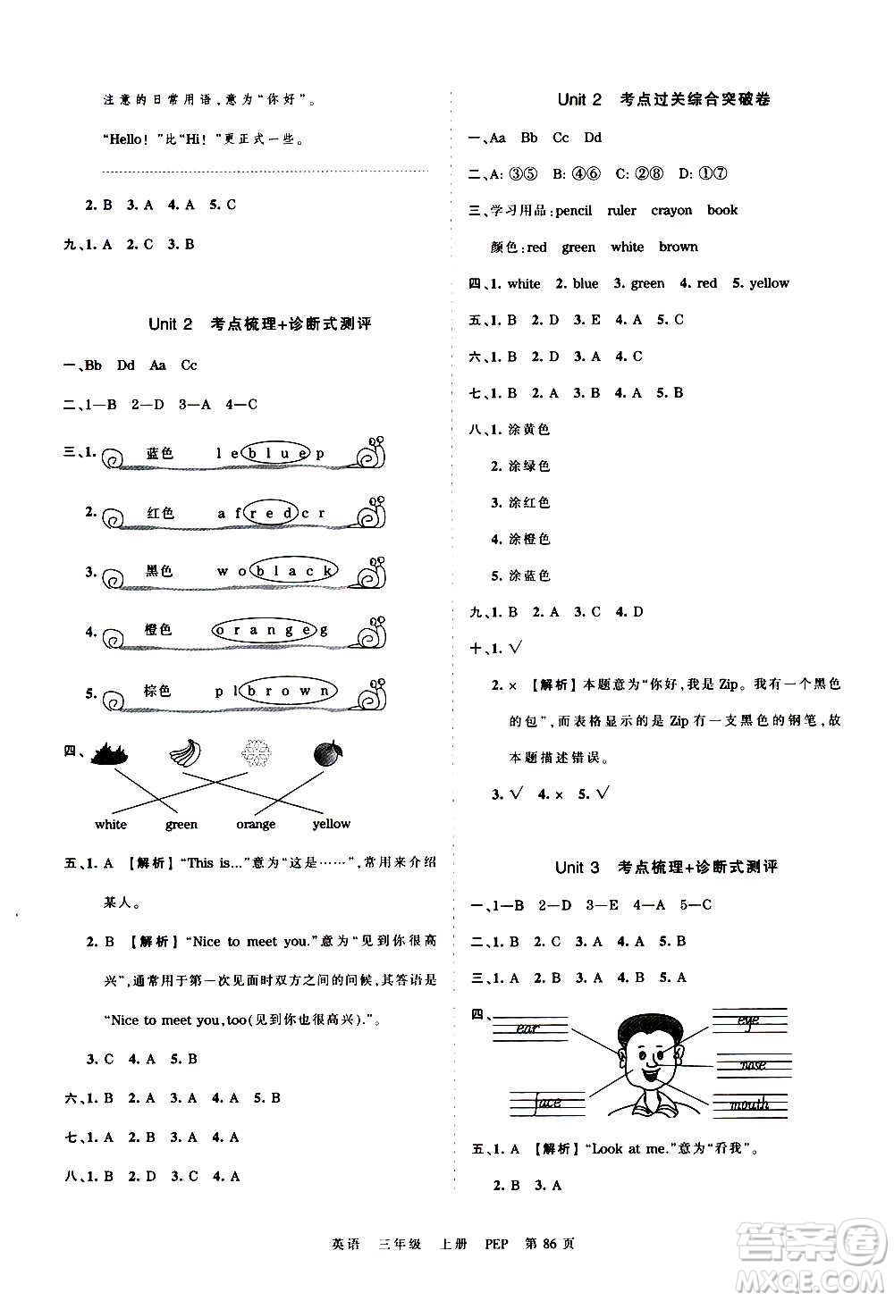 江西人民出版社2020秋王朝霞考點(diǎn)梳理時(shí)習(xí)卷英語(yǔ)三年級(jí)上冊(cè)PEP人教版答案