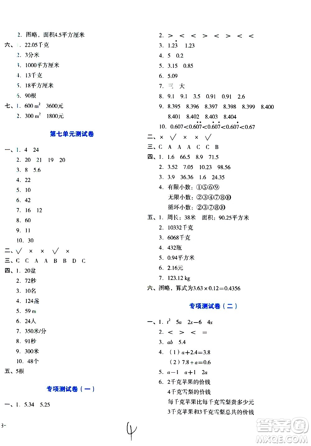 ?湖南教育出版社2020湘教考苑單元測(cè)試卷數(shù)學(xué)五年級(jí)上冊(cè)人教版答案