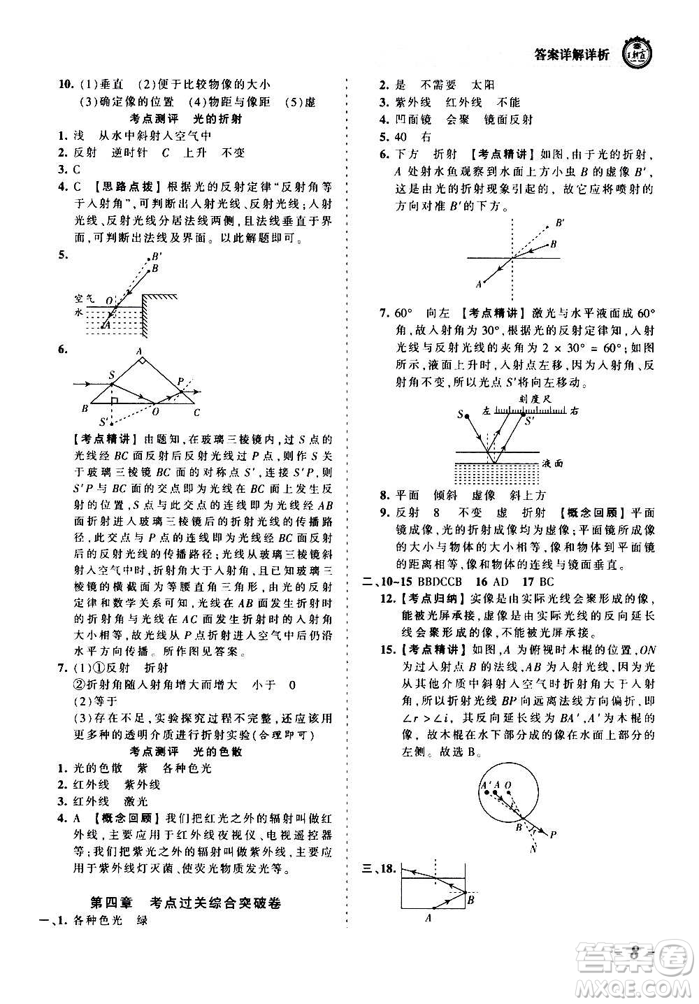 江西人民出版社2020秋王朝霞考點梳理時習卷物理八年級上冊RJ人教版答案