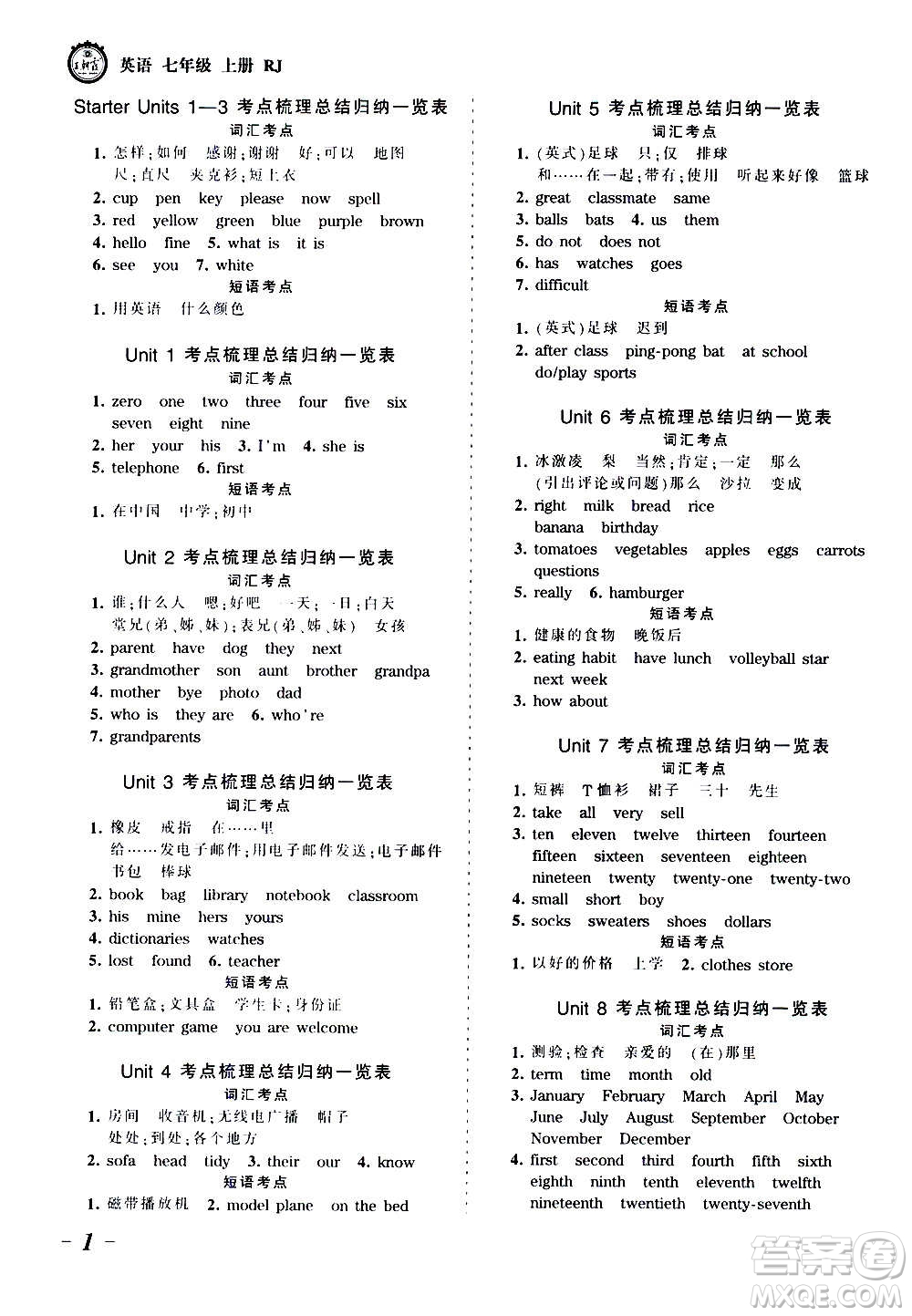 江西人民出版社2020秋王朝霞考點(diǎn)梳理時(shí)習(xí)卷英語七年級(jí)上冊(cè)RJ人教版答案
