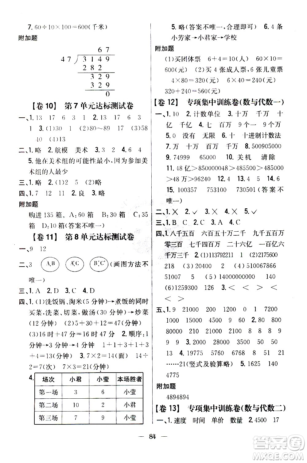 吉林人民出版社2020小學(xué)教材完全考卷四年級數(shù)學(xué)上冊新課標人教版答案