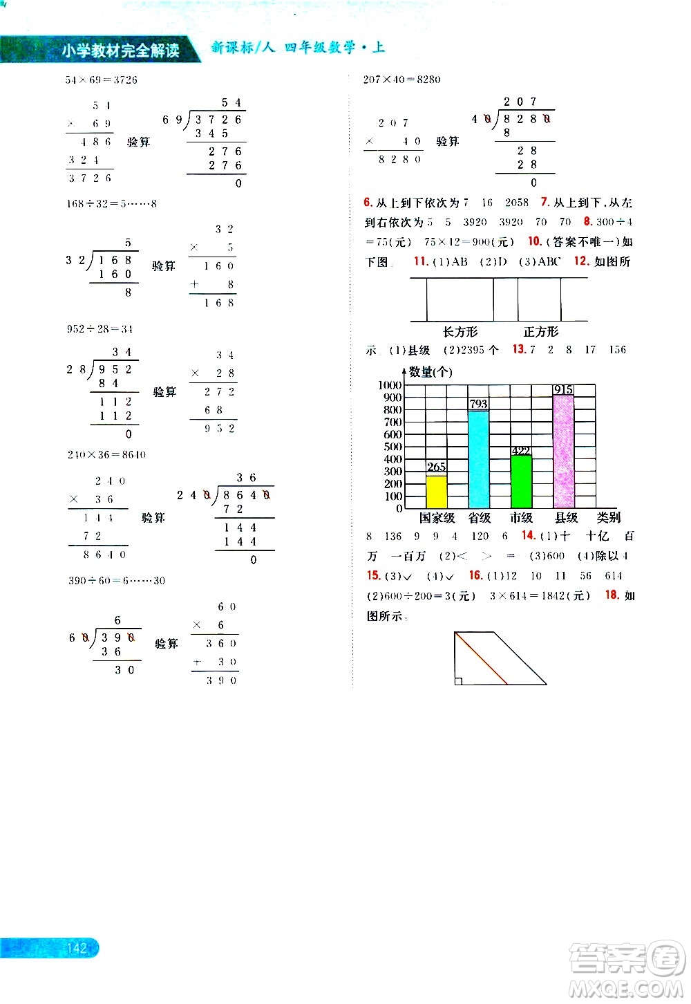 吉林人民出版社2020小學(xué)教材完全解讀四年級(jí)數(shù)學(xué)上冊新課標(biāo)人教版答案