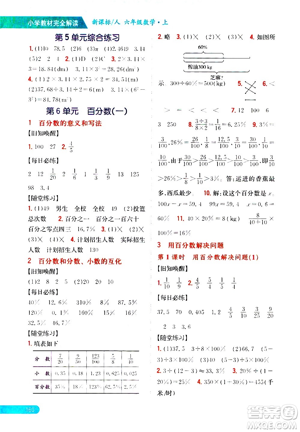 吉林人民出版社2020小學(xué)教材完全解讀六年級數(shù)學(xué)上冊新課標(biāo)人教版答案