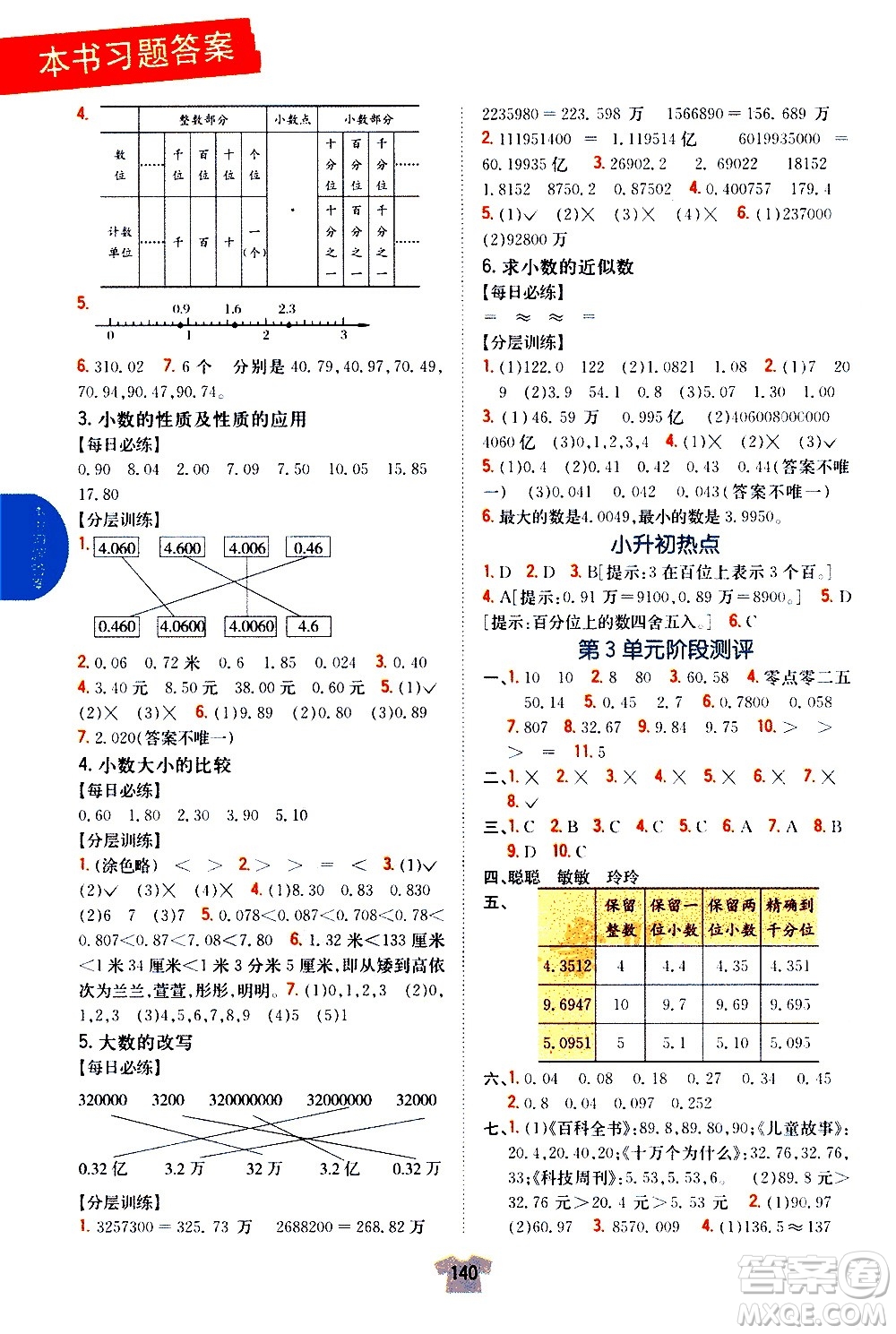 吉林人民出版社2020小學教材完全解讀五年級數(shù)學上冊新課標江蘇版答案