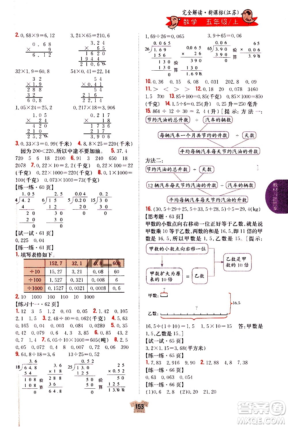 吉林人民出版社2020小學教材完全解讀五年級數(shù)學上冊新課標江蘇版答案