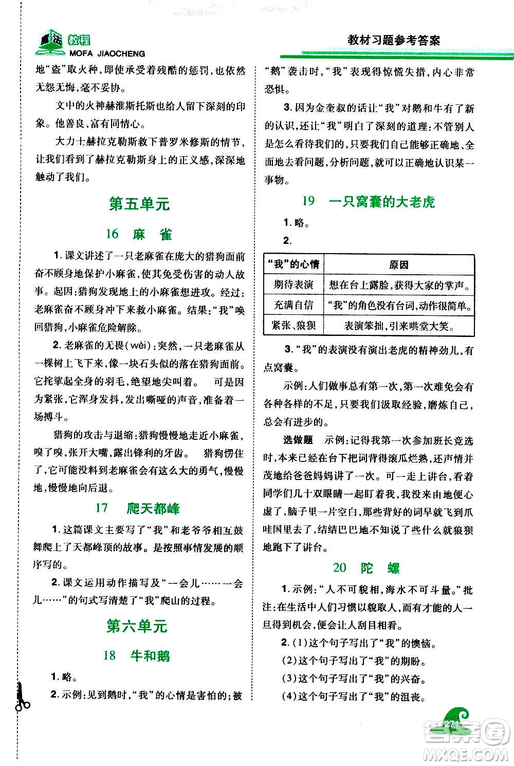 2020魔法教程語(yǔ)文四年級(jí)上冊(cè)RJ人教版精解版答案