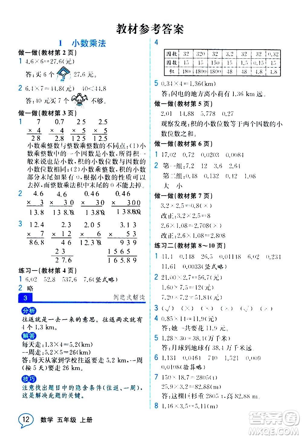 人民教育出版社2020教材解讀數(shù)學(xué)五年級上冊人教版答案