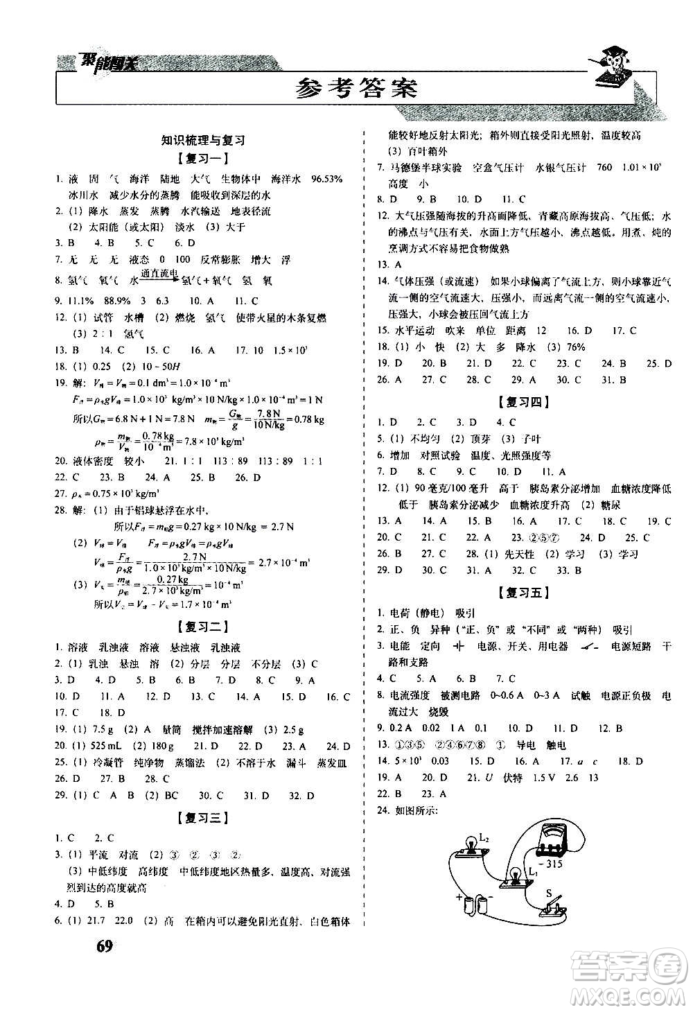 2020秋聚能闖關(guān)100分期末復(fù)習(xí)沖刺卷八年級上冊科學(xué)浙教版答案