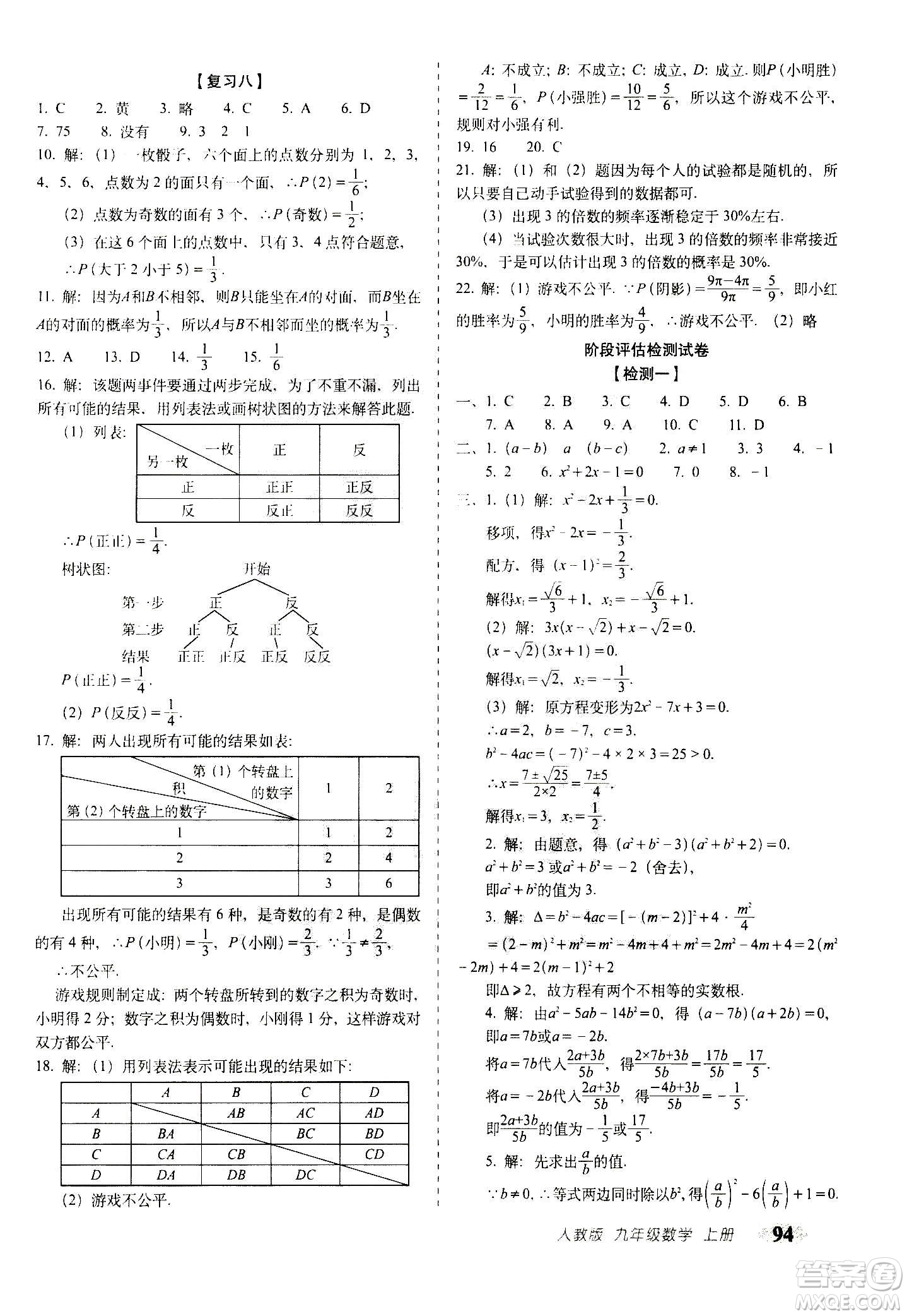 2020秋聚能闖關100分期末復習沖刺卷九年級上冊數(shù)學人教版答案