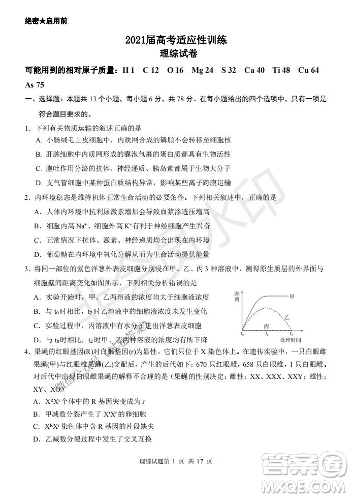 2021屆卓越聯(lián)盟12月高考適應(yīng)性訓(xùn)練高三理科綜合試題及答案
