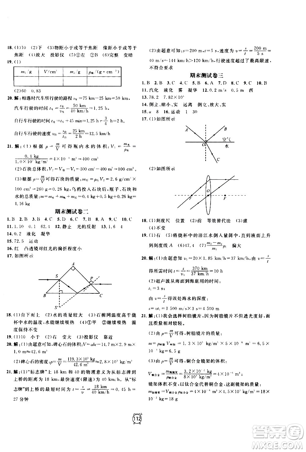 2020過關(guān)沖刺100分物理八年級(jí)上冊R人教版答案