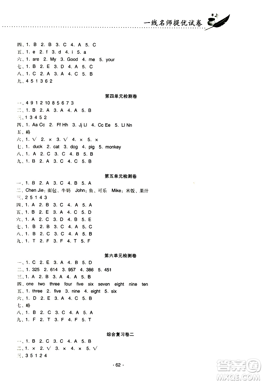 云南教育出版社2020一線名師提優(yōu)試卷英語三年級上冊PEP人教版答案