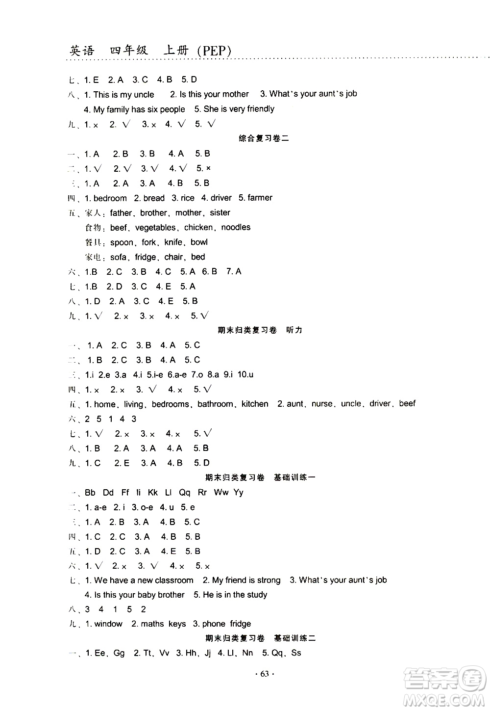 云南教育出版社2020一線名師提優(yōu)試卷英語四年級上冊PEP人教版答案
