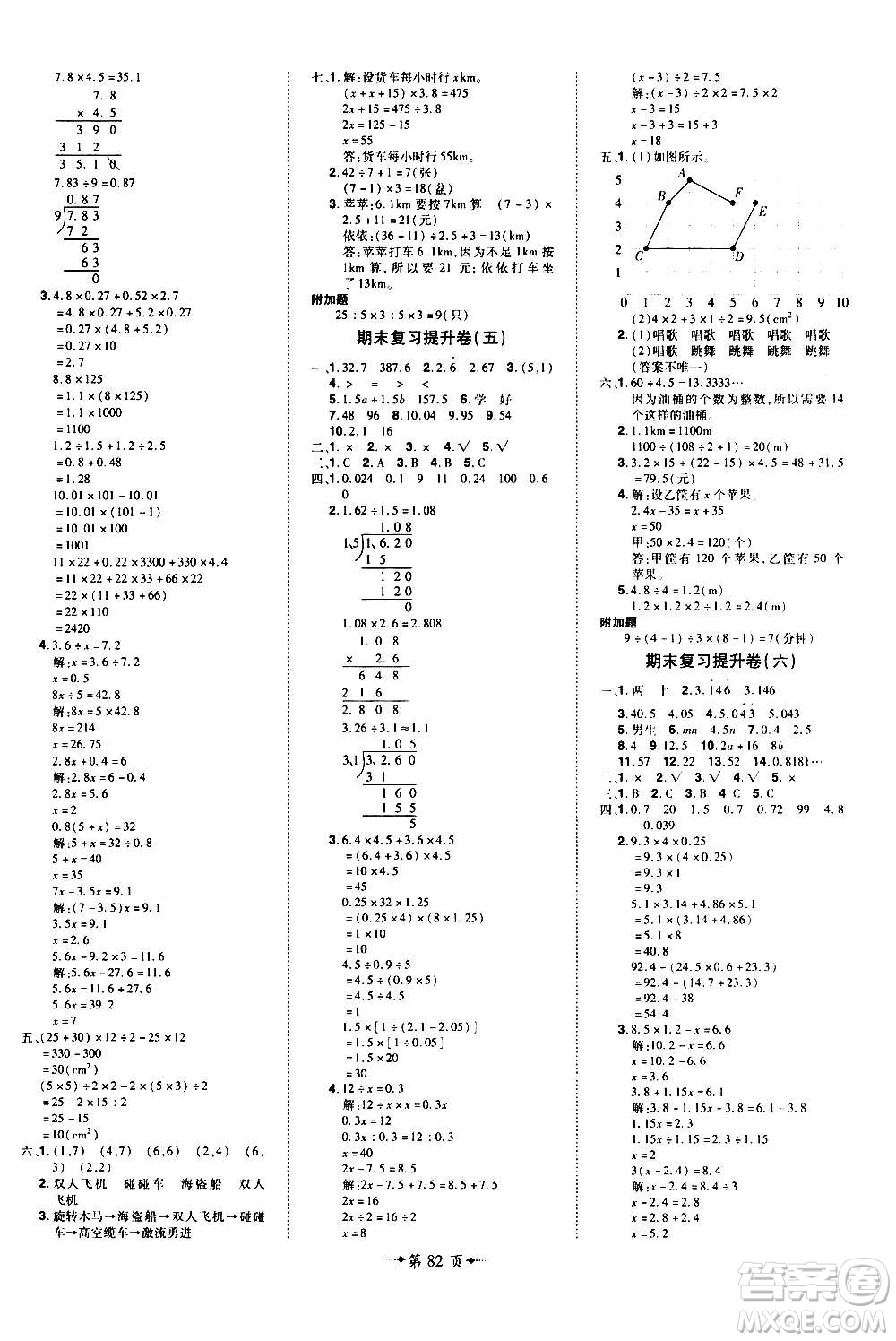 2020魔力一卷通小學(xué)期末沖刺100分?jǐn)?shù)學(xué)五年級(jí)上冊(cè)RJ人教版答案