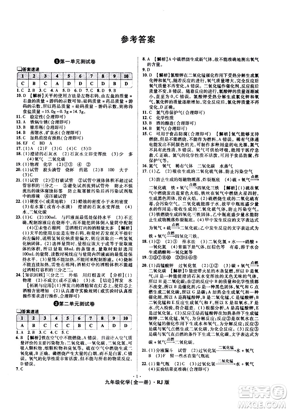 2020魔力一卷通化學(xué)九年級全一冊RJ人教版答案