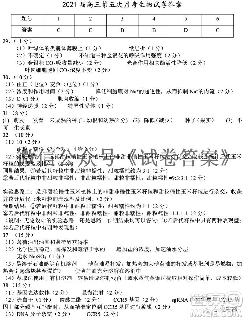 銀川一中2021屆高三年級(jí)第五次月考理科綜合試題及答案