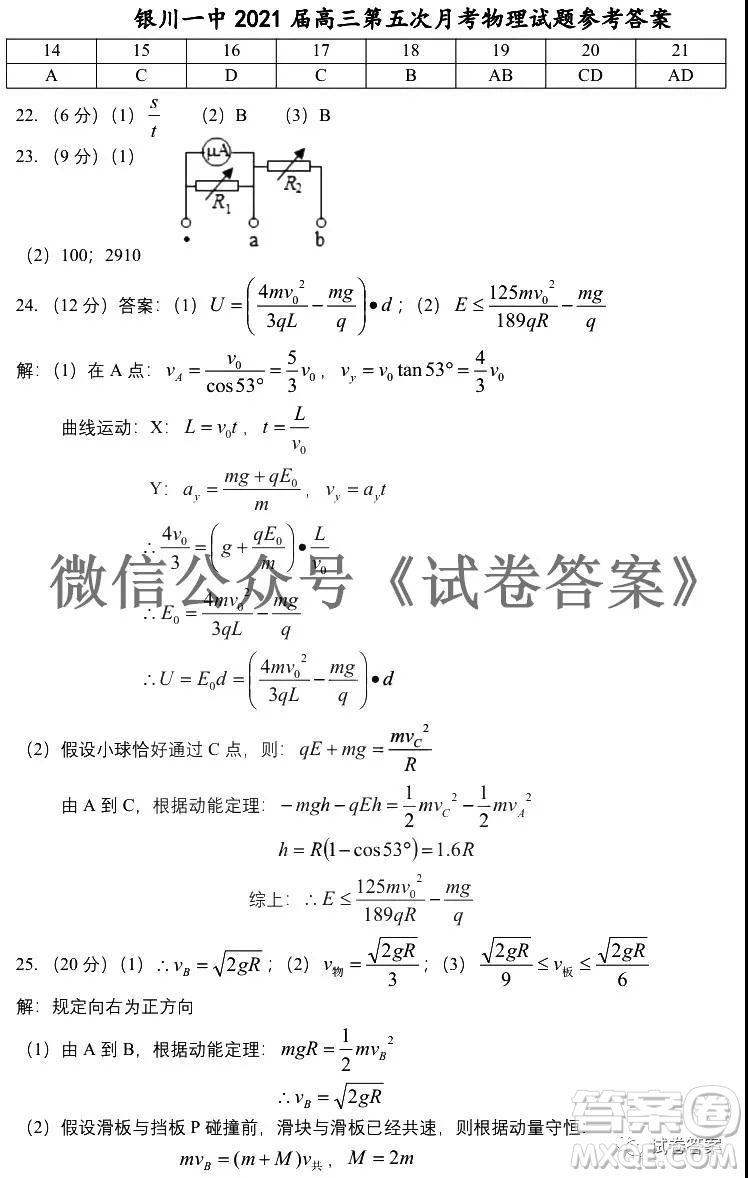 銀川一中2021屆高三年級(jí)第五次月考理科綜合試題及答案