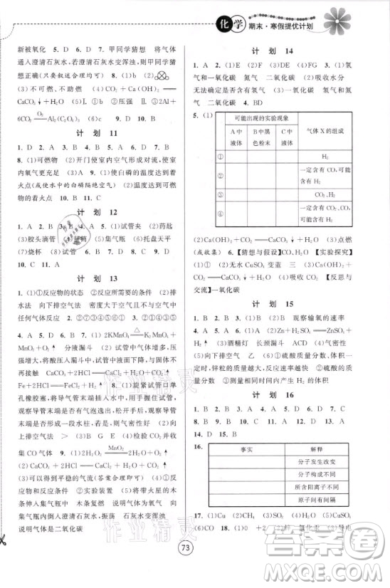 南京大學(xué)出版社2021期末寒假提優(yōu)計(jì)劃化學(xué)九年級(jí)人教版答案