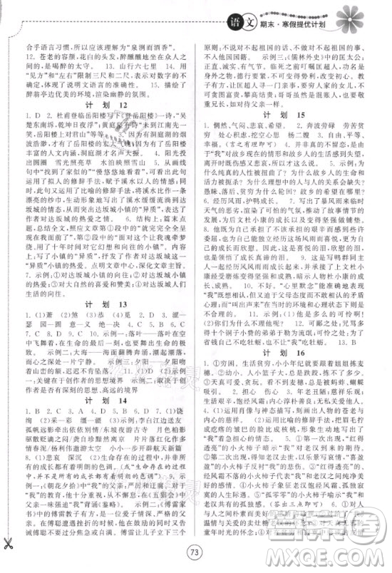 南京大學出版社2021期末寒假提優(yōu)計劃語文九年級人教版答案