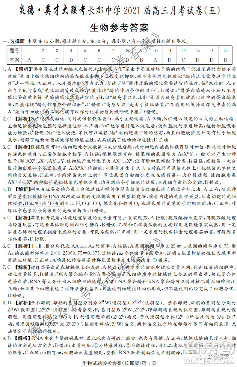 長(zhǎng)郡中學(xué)2021屆高三月考試卷五生物試題及答案