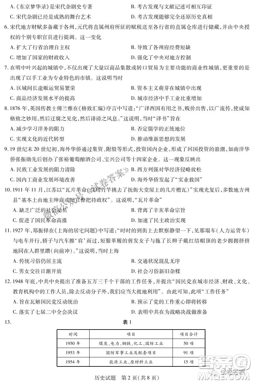 皖豫名校聯(lián)盟體2021屆高中畢業(yè)班第二次考試歷史試題及答案