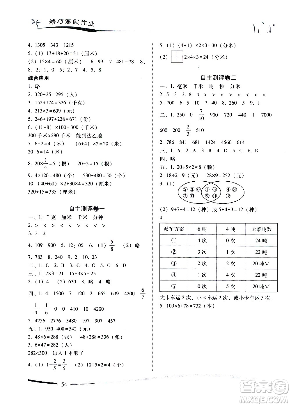 云南美術(shù)出版社2021精巧寒假作業(yè)數(shù)學三年級RJ人教版答案