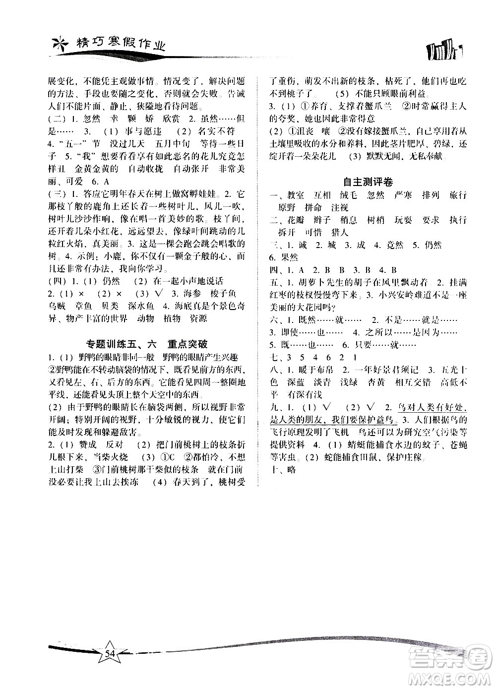 云南美術(shù)出版社2021精巧寒假作業(yè)語文三年級(jí)RJ人教版答案
