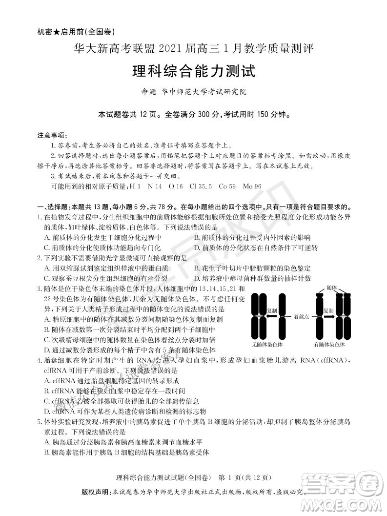 華大新高考聯(lián)盟2021屆高三1月教學(xué)質(zhì)量測(cè)評(píng)理科綜合試題及答案