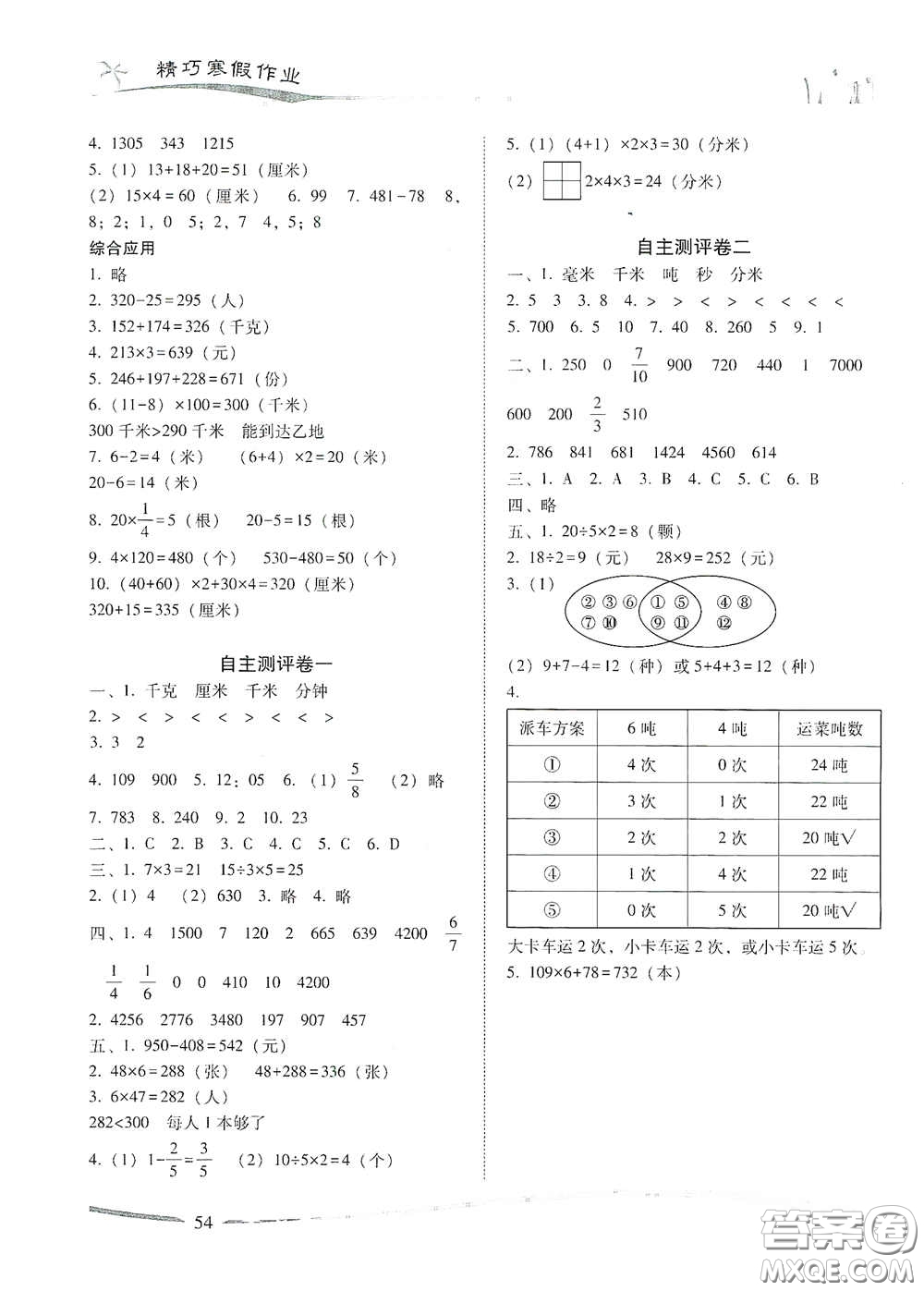 云南美術(shù)出版社2021精巧寒假作業(yè)專題訓(xùn)練與期末總復(fù)習(xí)三年級數(shù)學(xué)人教版答案