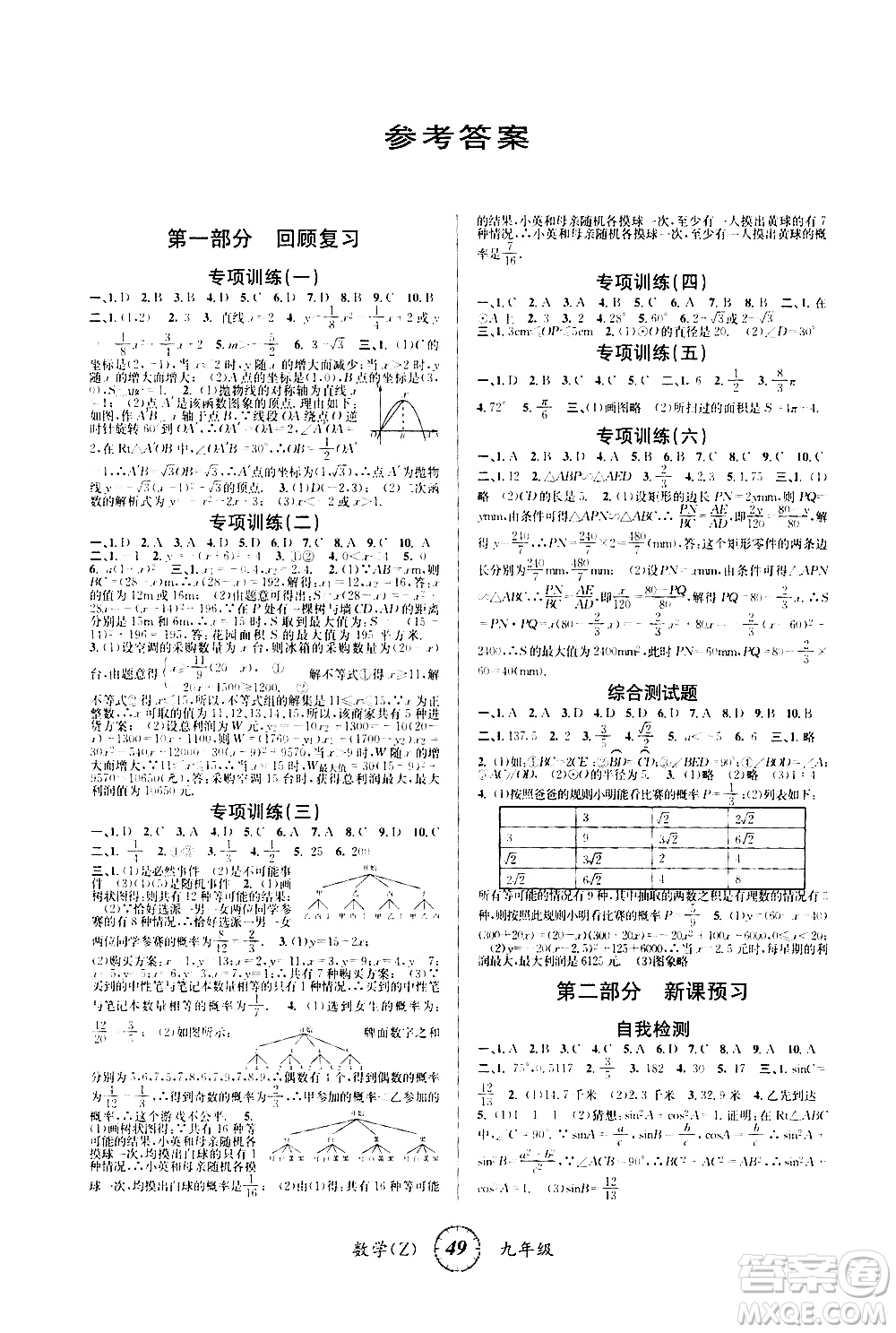 安徽人民出版社2021年第三學(xué)期寒假銜接九年級數(shù)學(xué)Z浙教版答案