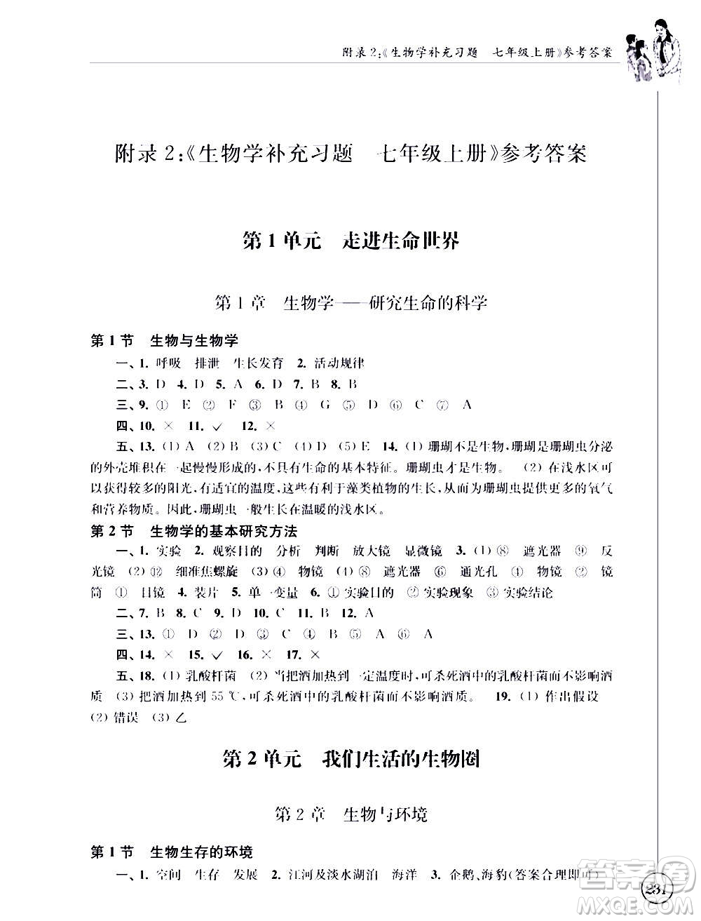 江蘇鳳凰科學(xué)技術(shù)出版社2020生物學(xué)補(bǔ)充習(xí)題七年級上冊蘇科版答案