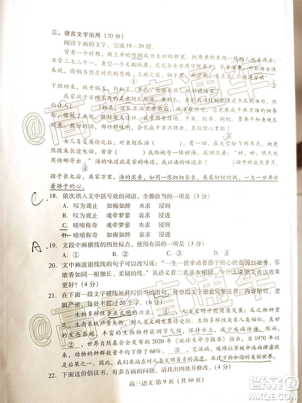 2021屆濰坊高三1月聯(lián)考語(yǔ)文試題及答案