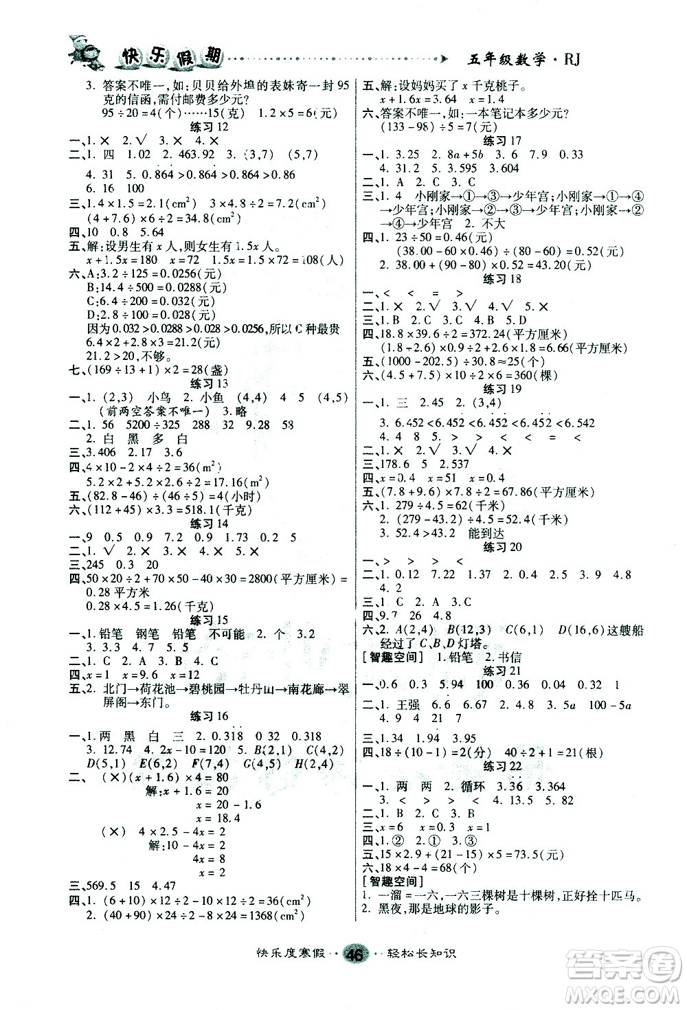 太白文藝出版社2021寒假作業(yè)快樂假期五年級數(shù)學(xué)人教版答案