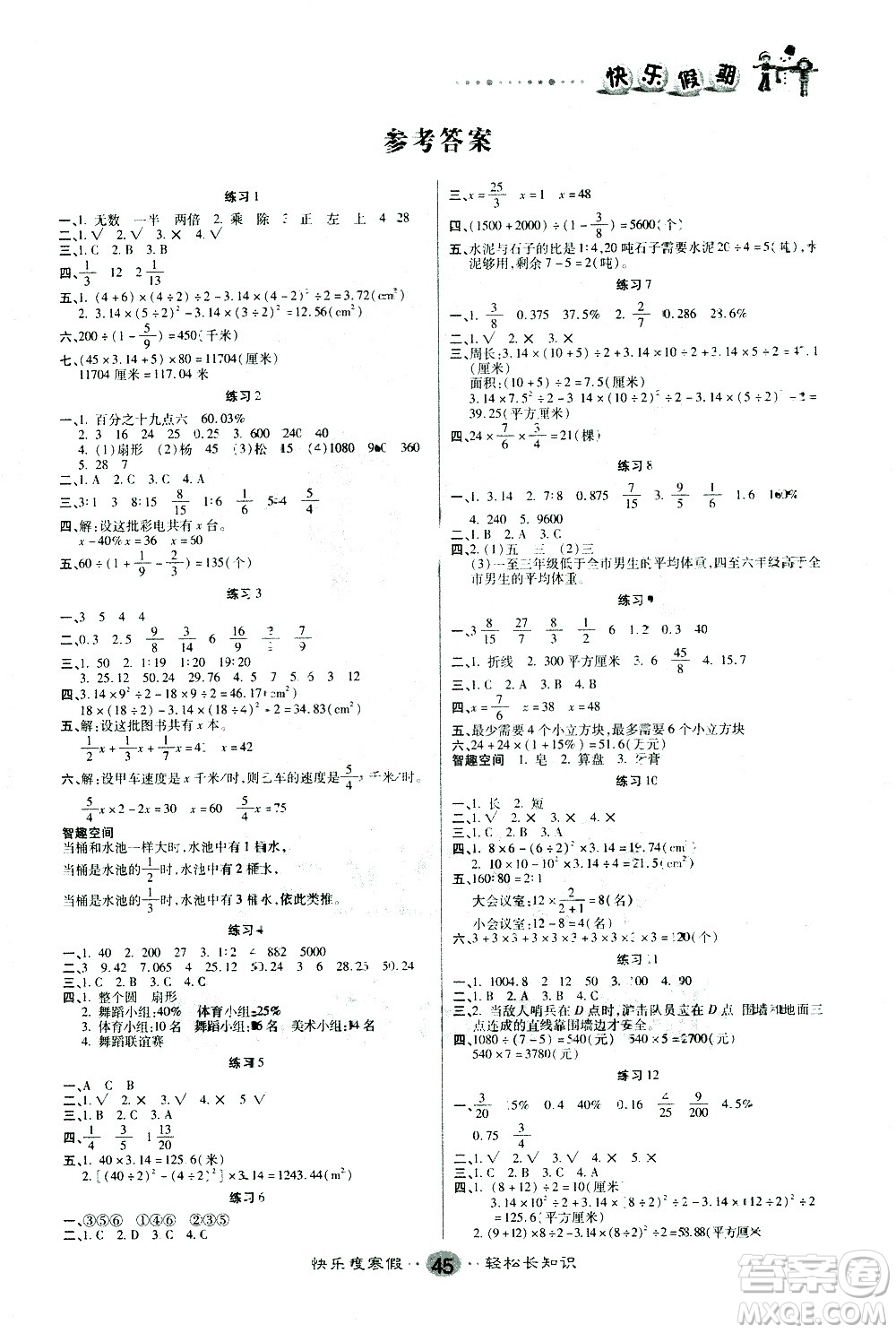 太白文藝出版社2021寒假作業(yè)快樂假期六年級(jí)數(shù)學(xué)北師版答案