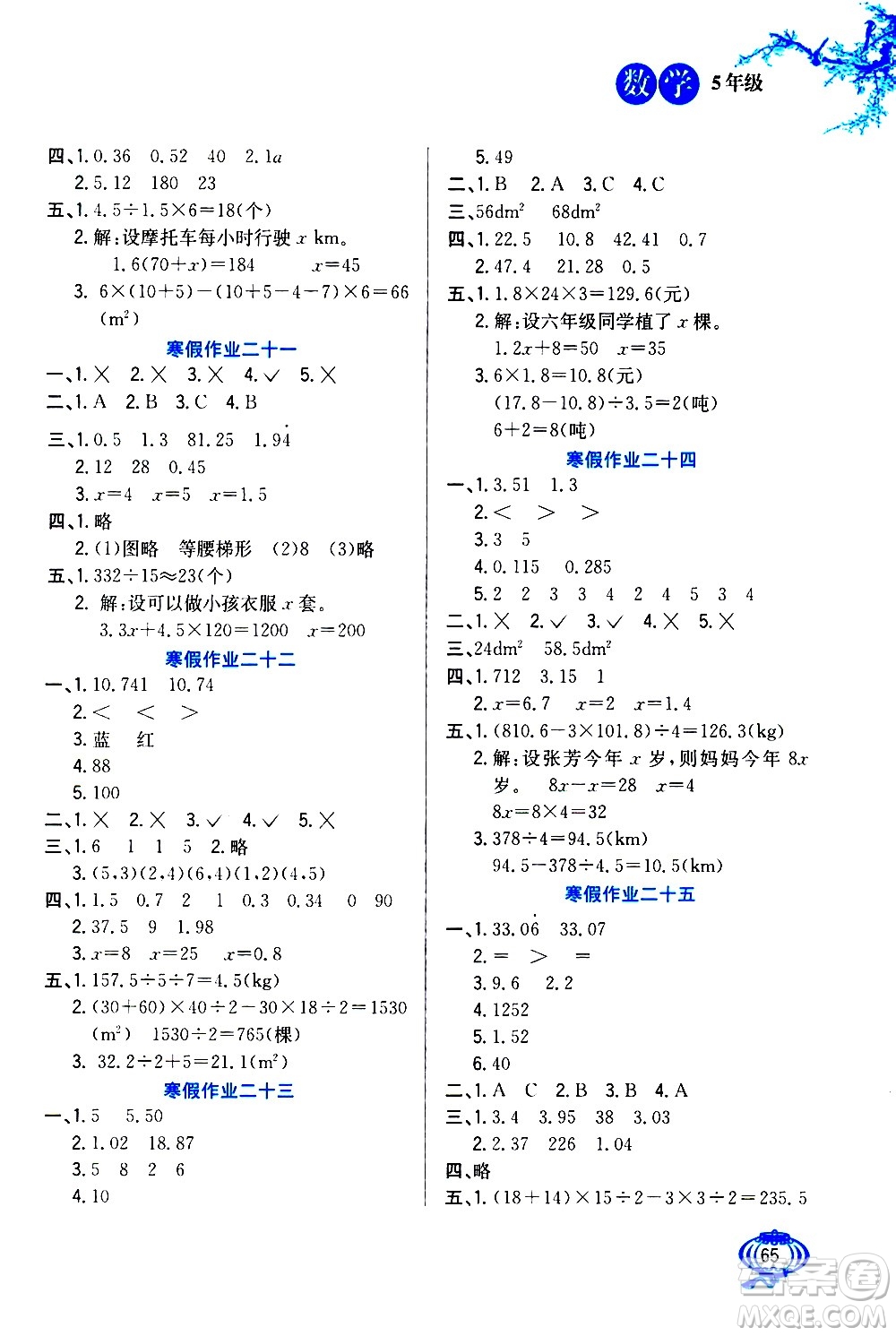 河北美術(shù)出版社2021寒假生活數(shù)學(xué)五年級(jí)人教版答案