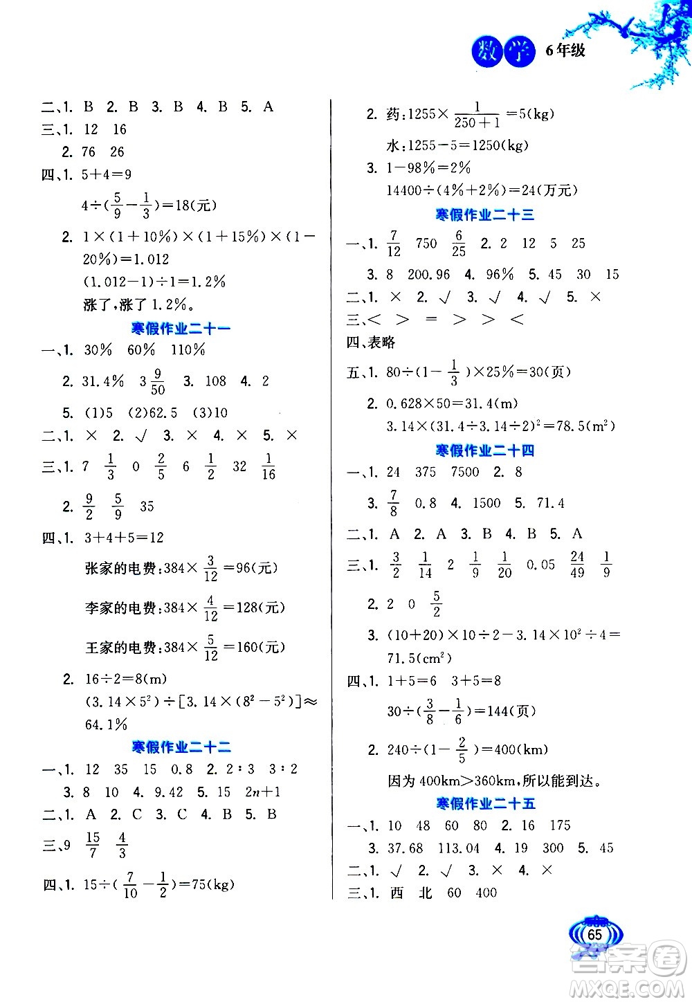 河北美術(shù)出版社2021寒假生活數(shù)學(xué)六年級人教版答案