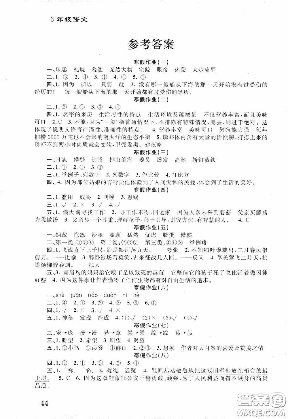 南京大學(xué)出版社2021學(xué)而優(yōu)寒假作業(yè)本培優(yōu)銜接六年級語文答案