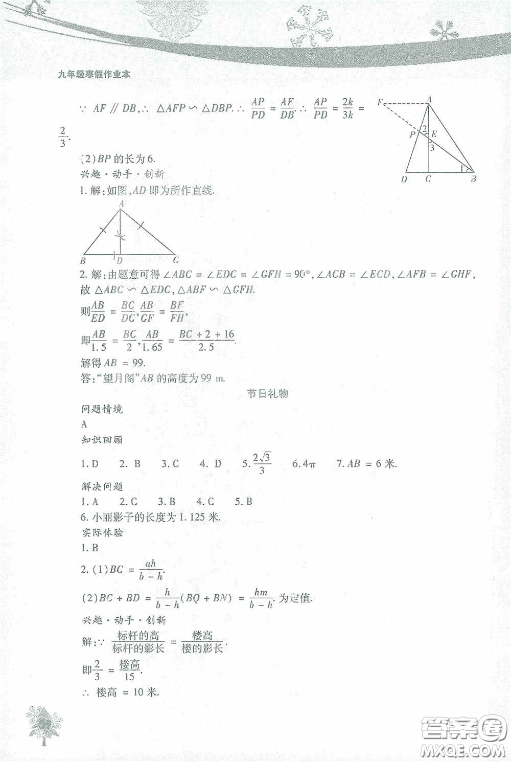北京教育出版社2021寒假作業(yè)本數(shù)學(xué)九年級答案