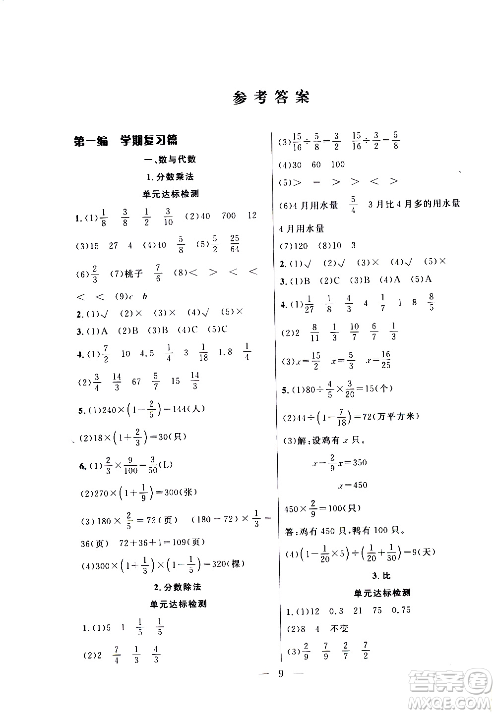 吉林教育出版社2021優(yōu)等生快樂寒假最佳復(fù)習計劃六年級數(shù)學RJ人教版答案