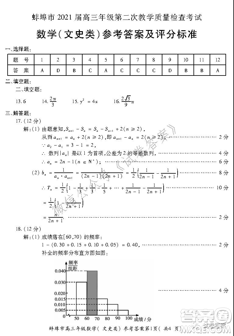 蚌埠市2021屆高三年級第二次教學(xué)質(zhì)量檢查考試數(shù)學(xué)文史類試題及答案