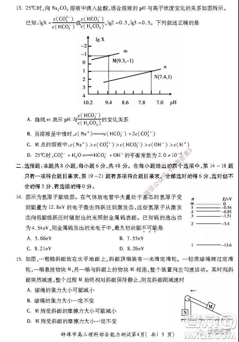 蚌埠市2021屆高三年級(jí)第二次教學(xué)質(zhì)量檢查考試?yán)砜凭C合試題及答案