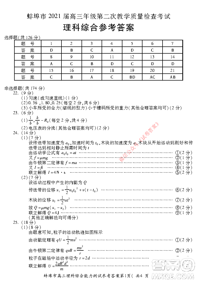 蚌埠市2021屆高三年級(jí)第二次教學(xué)質(zhì)量檢查考試?yán)砜凭C合試題及答案