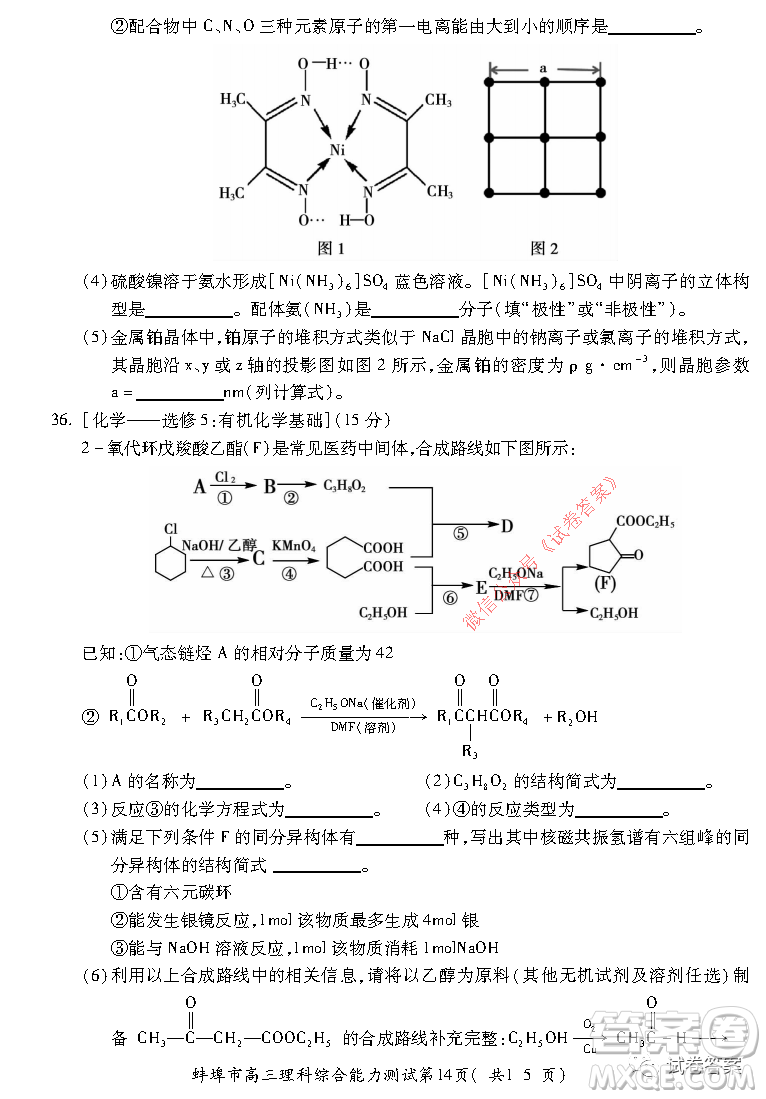 蚌埠市2021屆高三年級(jí)第二次教學(xué)質(zhì)量檢查考試?yán)砜凭C合試題及答案