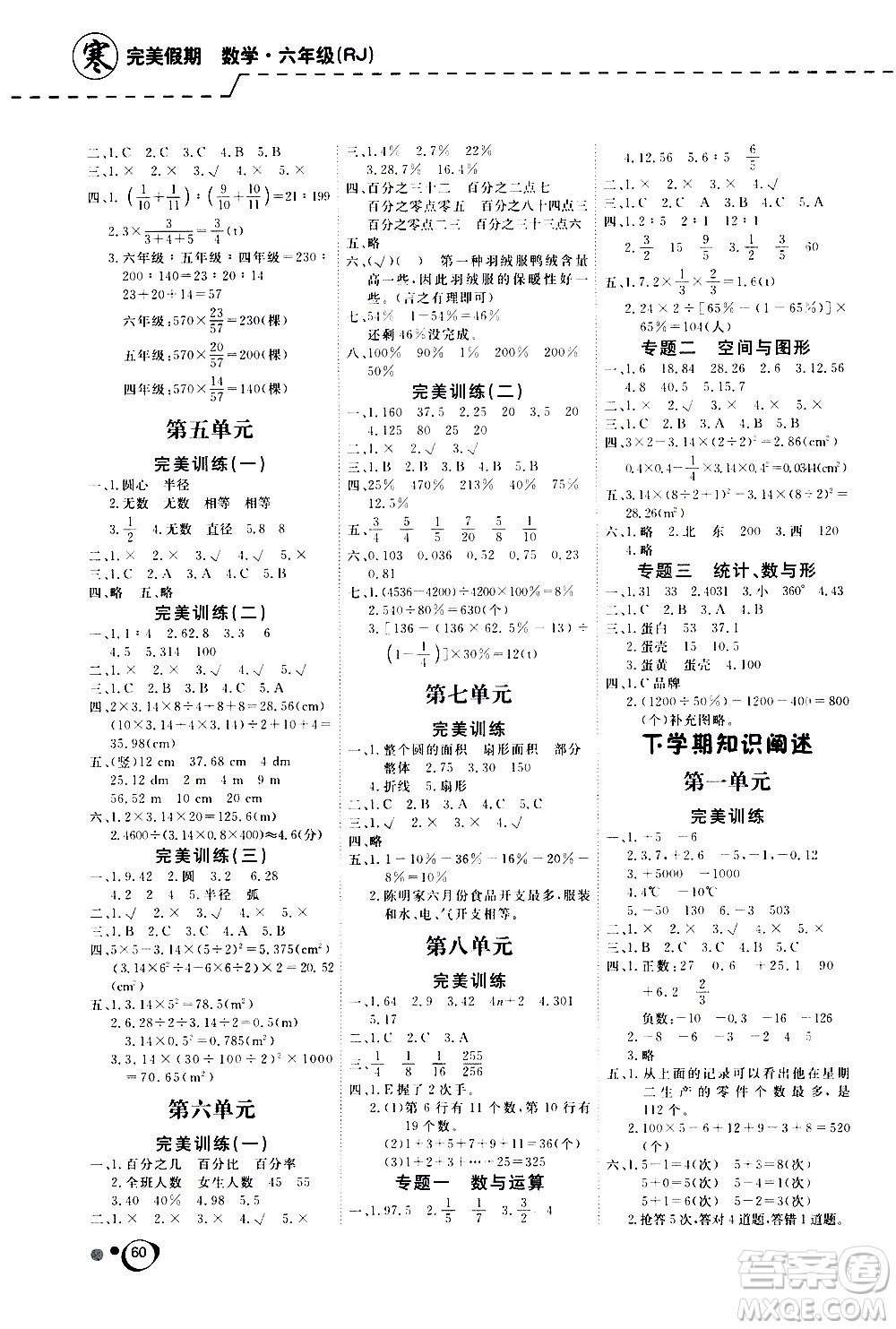 延邊教育出版社2021快樂假期寒假作業(yè)數(shù)學學期銜接六年級RJ人教版答案